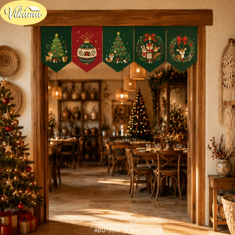 VIKAMA Christmas Pennants, Forest Animal Christmas Tree Pull-Down Banners, Party Backdrop Decor for Doorways