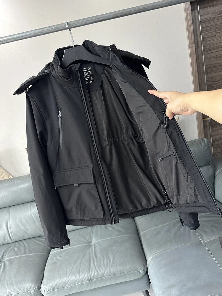 

Утепленная хлопковая куртка для мужчин с большими карманами, с капюшоном, ветрозащитная, водонепроницаемая, модная, городская, приталенного кроя, с длинными рукавами.