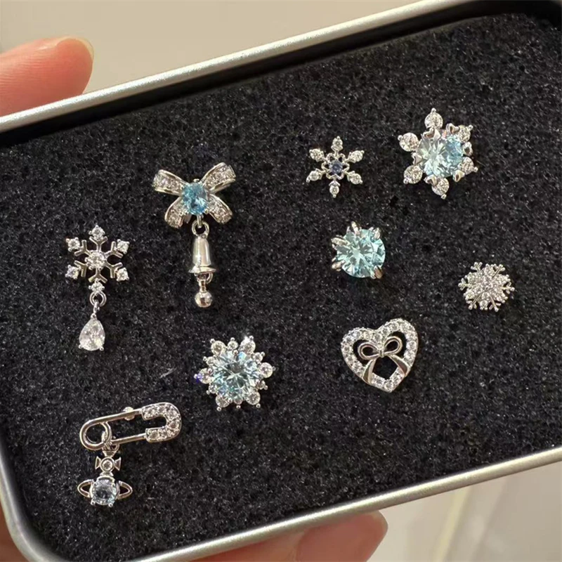 1PCS Shiny Blue Zircon Stainless Steel Ear Bone Nail for Women Full of Rhinestone Earrings Body Puncture Accessories