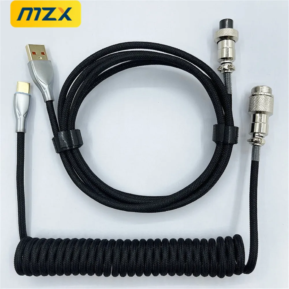 USB C Coiled Cable Type Mechanical Keyboard Gaming Double-Sleeved Wire Cord Detachable Metal Aviator Aerial Connector Charging