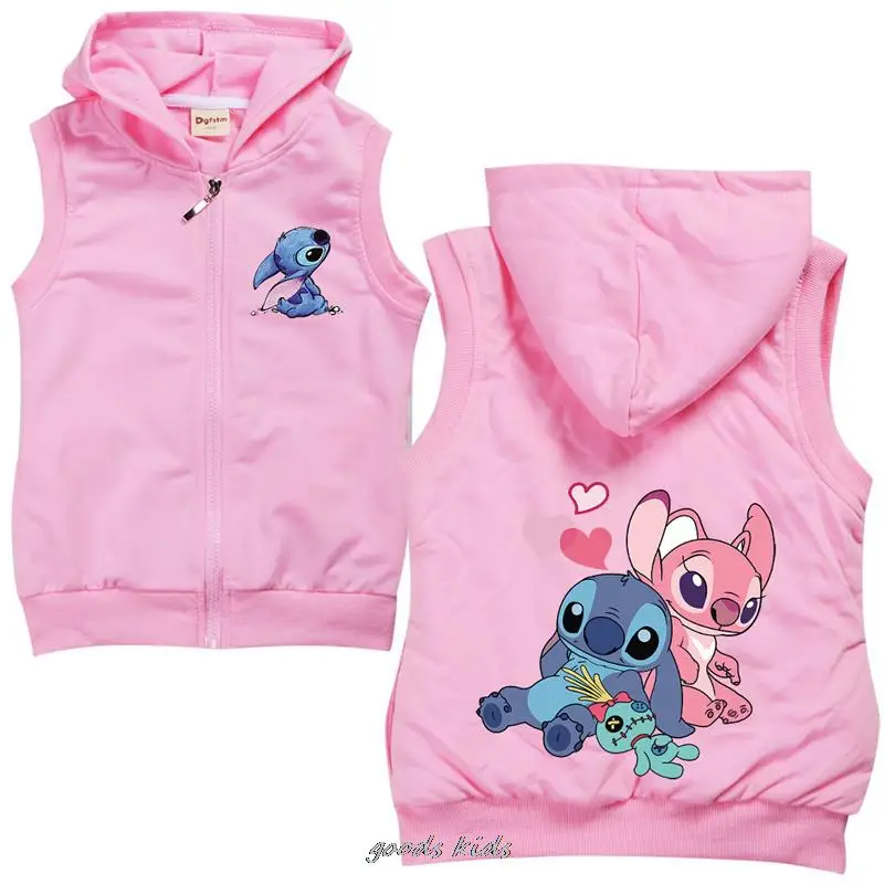 Lilo And Stitch Children\'s Cotton Hooded Vest Spring Sleeveless Kids Toddler Girls Boys Jacket Outwear Infant Baby Fall Clothes