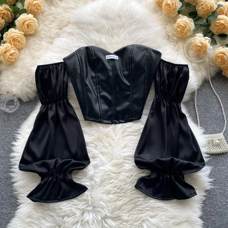 2024 Korean Fashion Pu Leather Blouse Woman Strapless Slash Neck Long Pleated Puff Sleeve Blouses Women Back Zipper Top