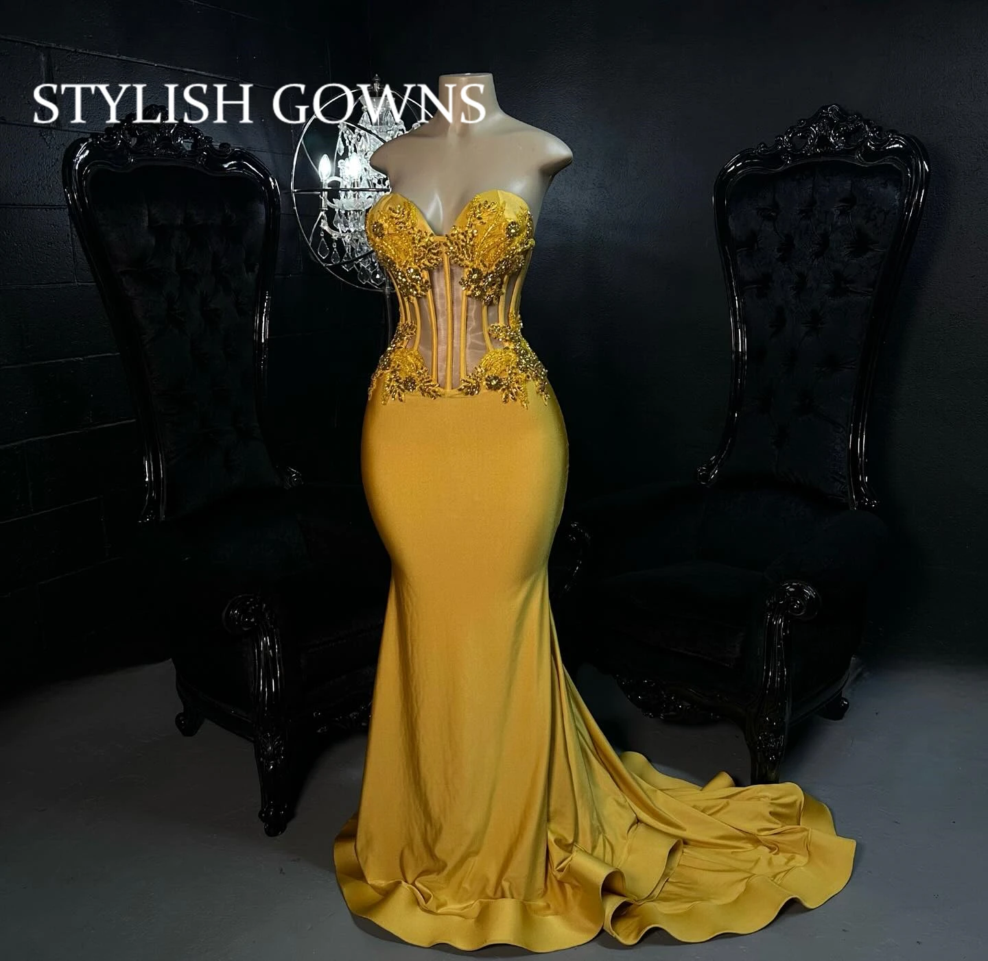 

Gold Strapless Evening Dresses For Black Girls Bead Crystal Birthday Party Gowns Long Prom Dress Mermaid Robe De Bal Customized