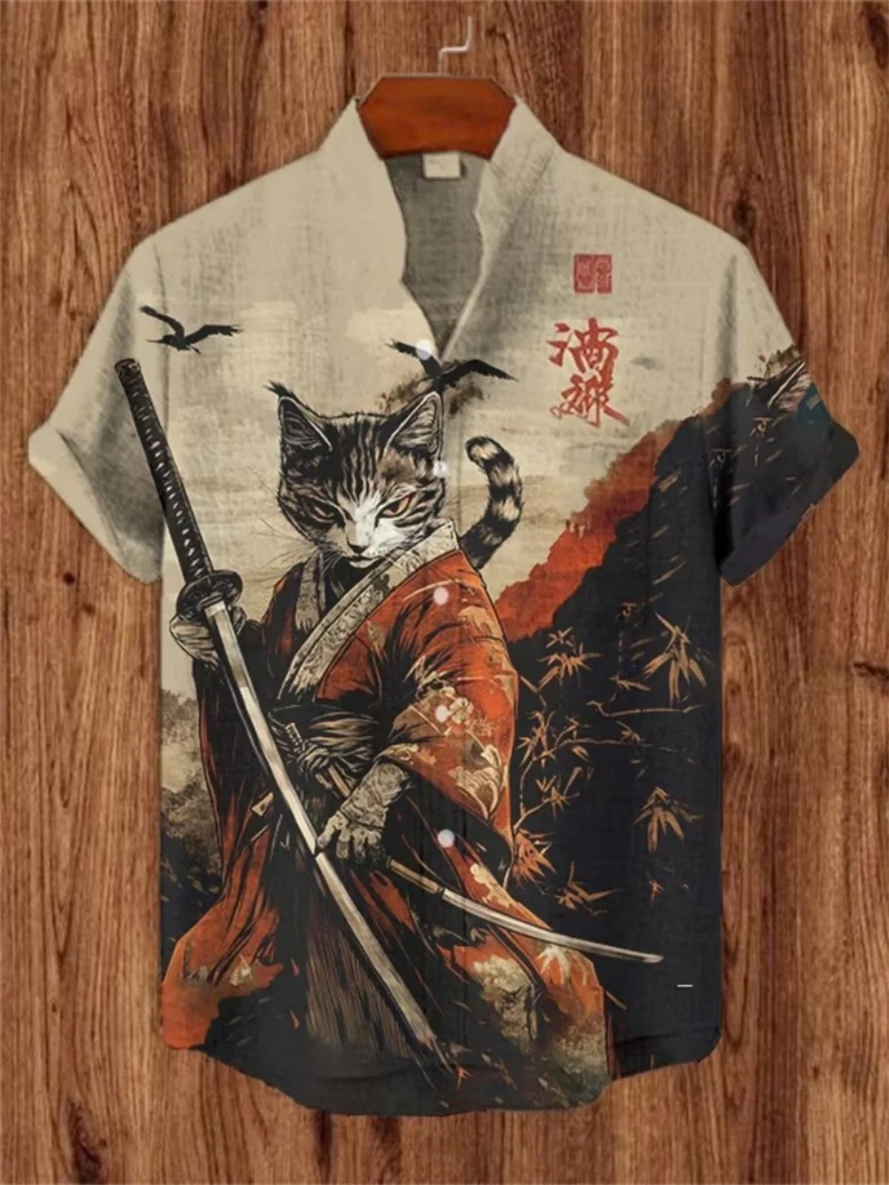 Men's Japanese ukiyo-e samurai cat kimono printed short sleeved shirt stand collar button down shirt casual Hawaiian shirt