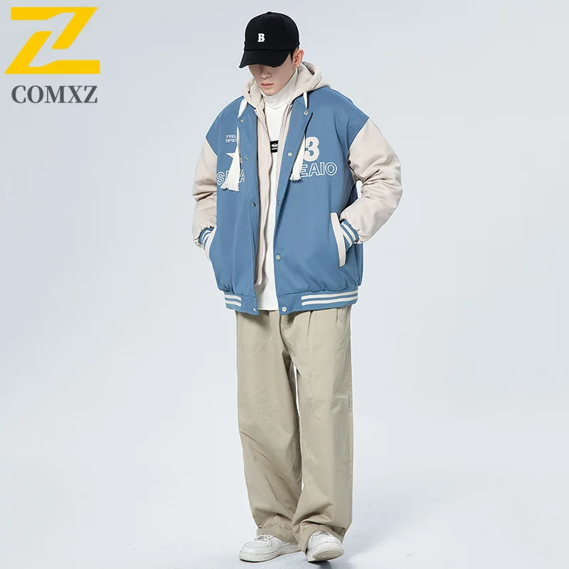 

COMXZ Mens Baseball Jacket Trendy Fake Two Piece Design Outerwear Fashion Classics Hooded Casual Streetwear Comfortable Coat​