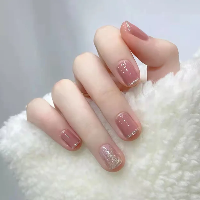 

24Pcs Glitter French Press-On Nails – Short Square Shape With Sheer Pink Tips & Dazzling Borders Sweetheart Style