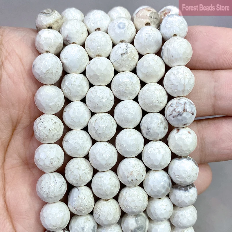 Natural White Frost Cracked Fire Agates Beads Faceted Stone Round Loose Beads 10mm Diy Handmade Bracelet Earrings 15'' Strand