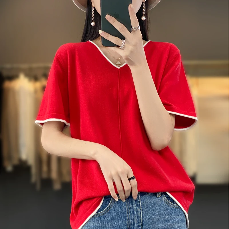 100% cotton T-shirt Women\'s V-neck pullover short sleeve summer new casual knitting loose top fashion color contrast T-shirt