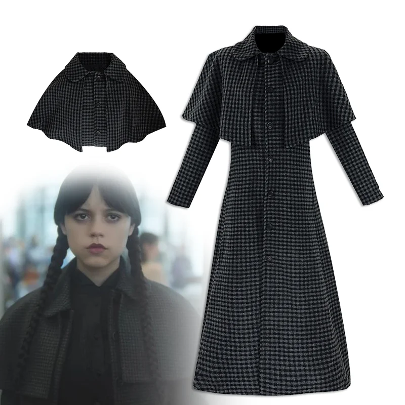

TV Wednesday Season 2 Cosplay Costume Adult Unisex Overcoat Checkered Long Coat Casual Wear Uniform Halloween Carnival Outfits