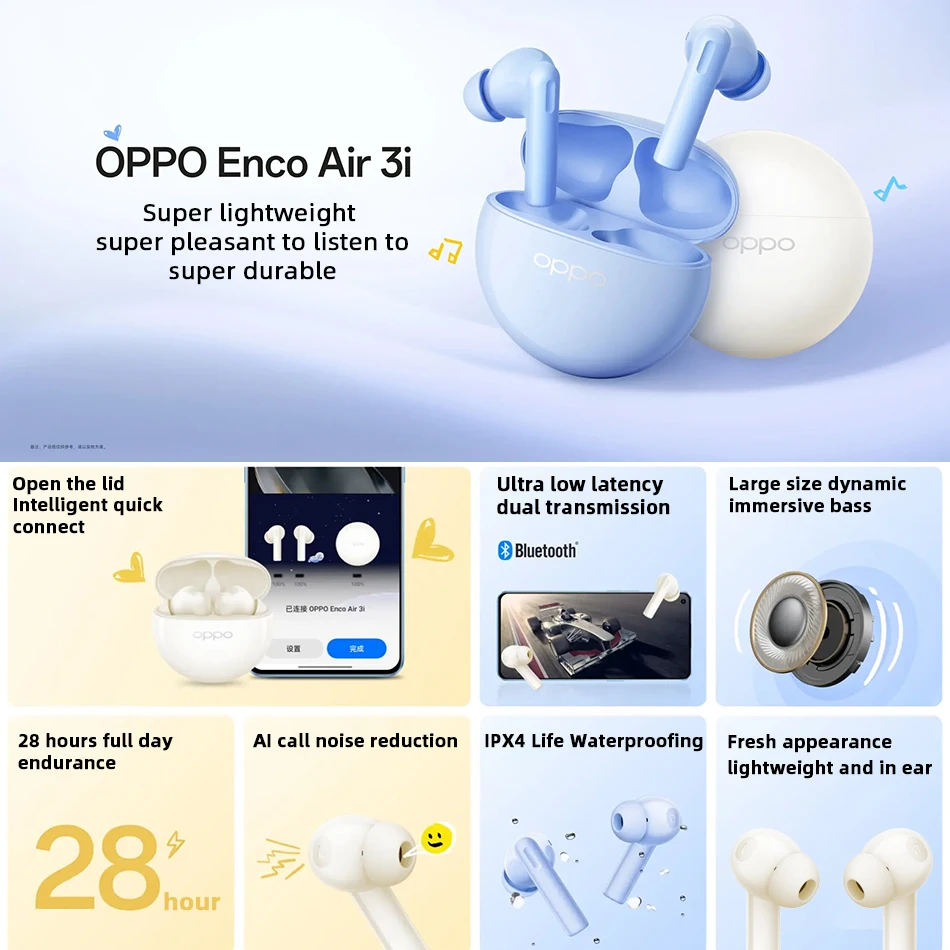 2024 오리지널 OPPO Enco Air 3i TWS 이어폰, 블루투스 무선 이어버드, AI 노이즈 캔슬링, 28 시간 배터리, HiFi 게임 헤드폰