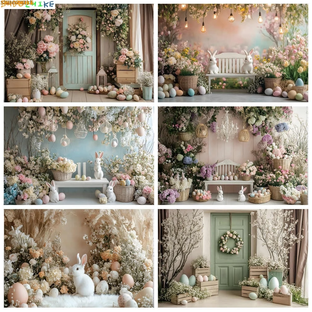 

Spring Colorful Floral Rustic Wall Easter Day Background Garden Flowers Birthday Party Rabbit Eggs Photography Backdrop DC-01