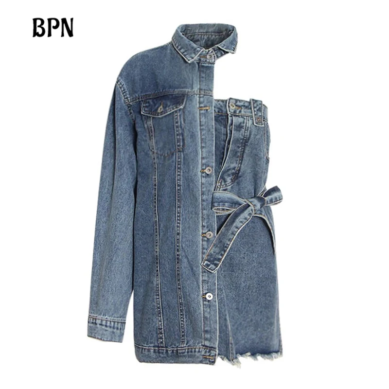 BPN Solid Loose Denim Mini Dress For Women Lapel One Shoulder Sleeve Patchwork Lace Up Casual A Line Dresses Female Fashion New