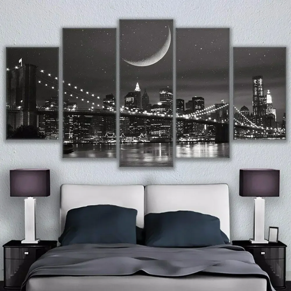 5 Panel New York City Night Bridge canvas Wall Art Poster Picture Home Decor HD Print Pictures No Framed 5 Pieces Room Decor