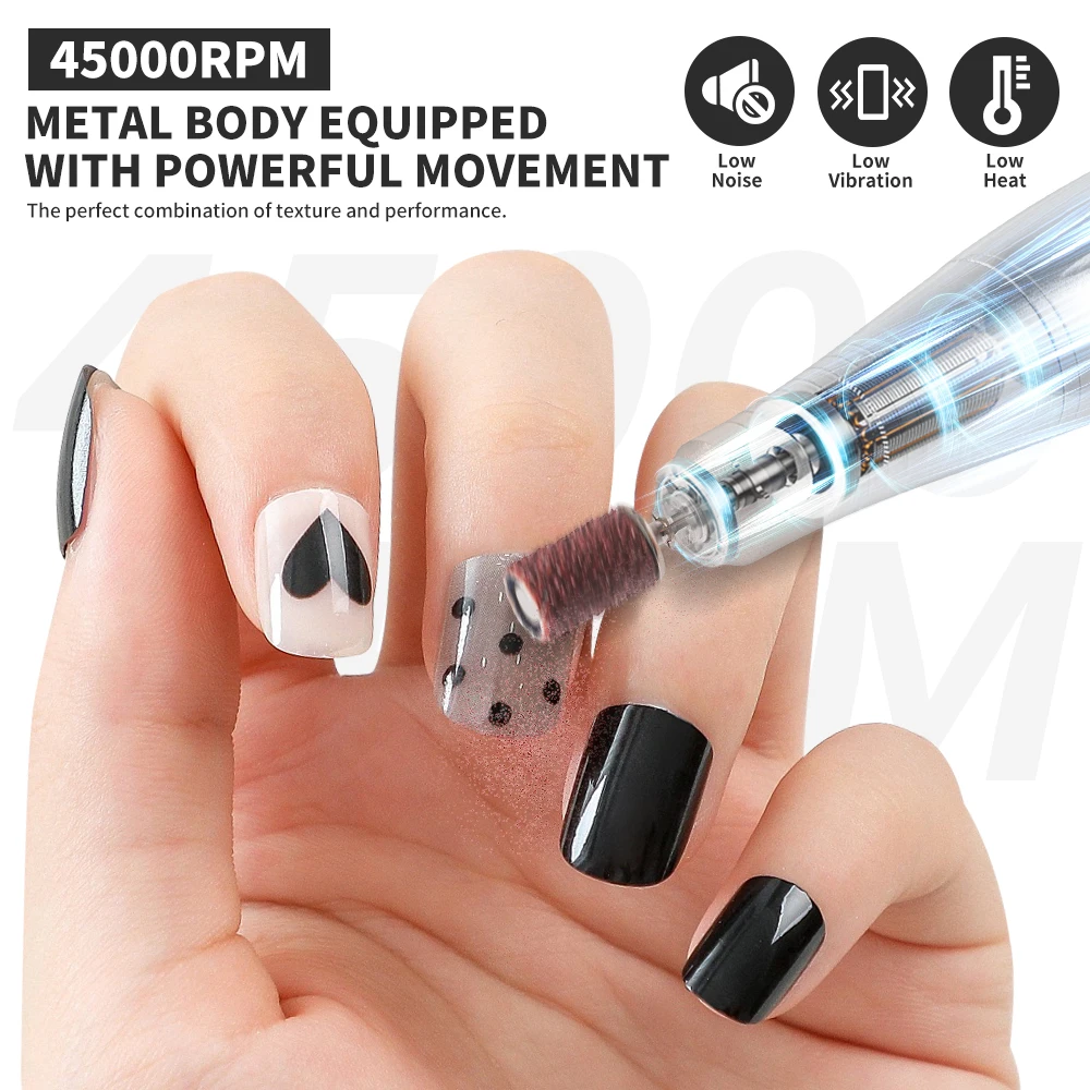 45000RPM Professional Electric Nail Drill Rechargeable Polisher with LCD Screen Suitable for Gel Polish Nail File Manicure Tool