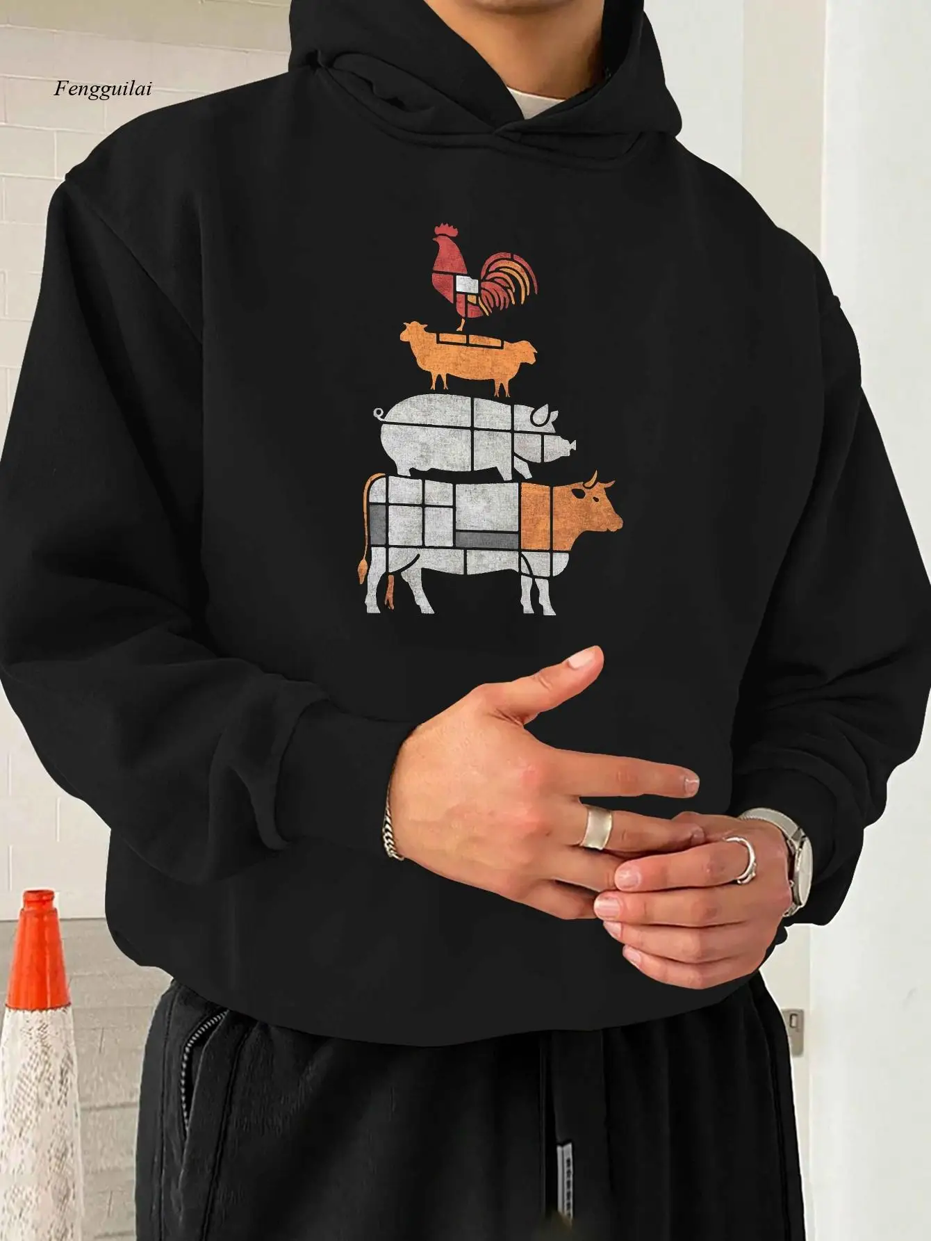 동물 실루엣 프린트가 있는 캐주얼 후드 스웨트셔츠, 니트 원단, 루즈핏, 신축성 없음