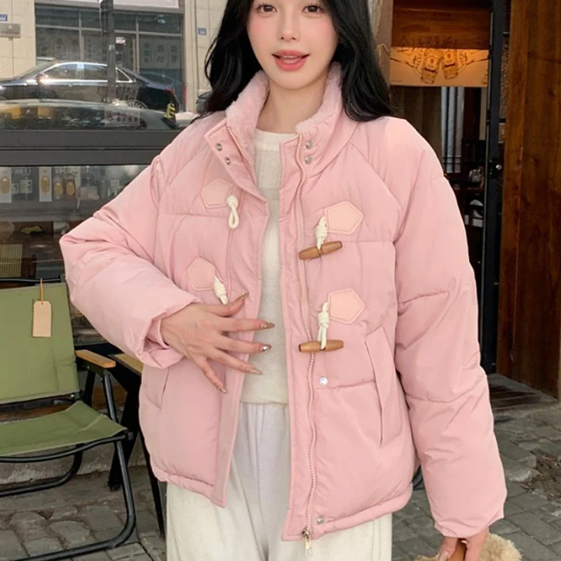 Rimocy Sweet Pink Cropped Parkas Women Warm Fur Stand Collar Cotton Padded Jacket Woman Korean Horn Buckle Bread Puffer Coats