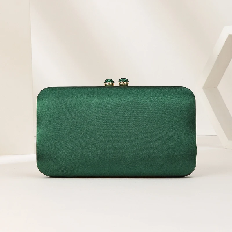 Women Emerald Green Satin Clutch Bag Rhinestone Kiss Lock Silky Purse Elegant Wedding Guest Cocktail Dinner Formal Handbag
