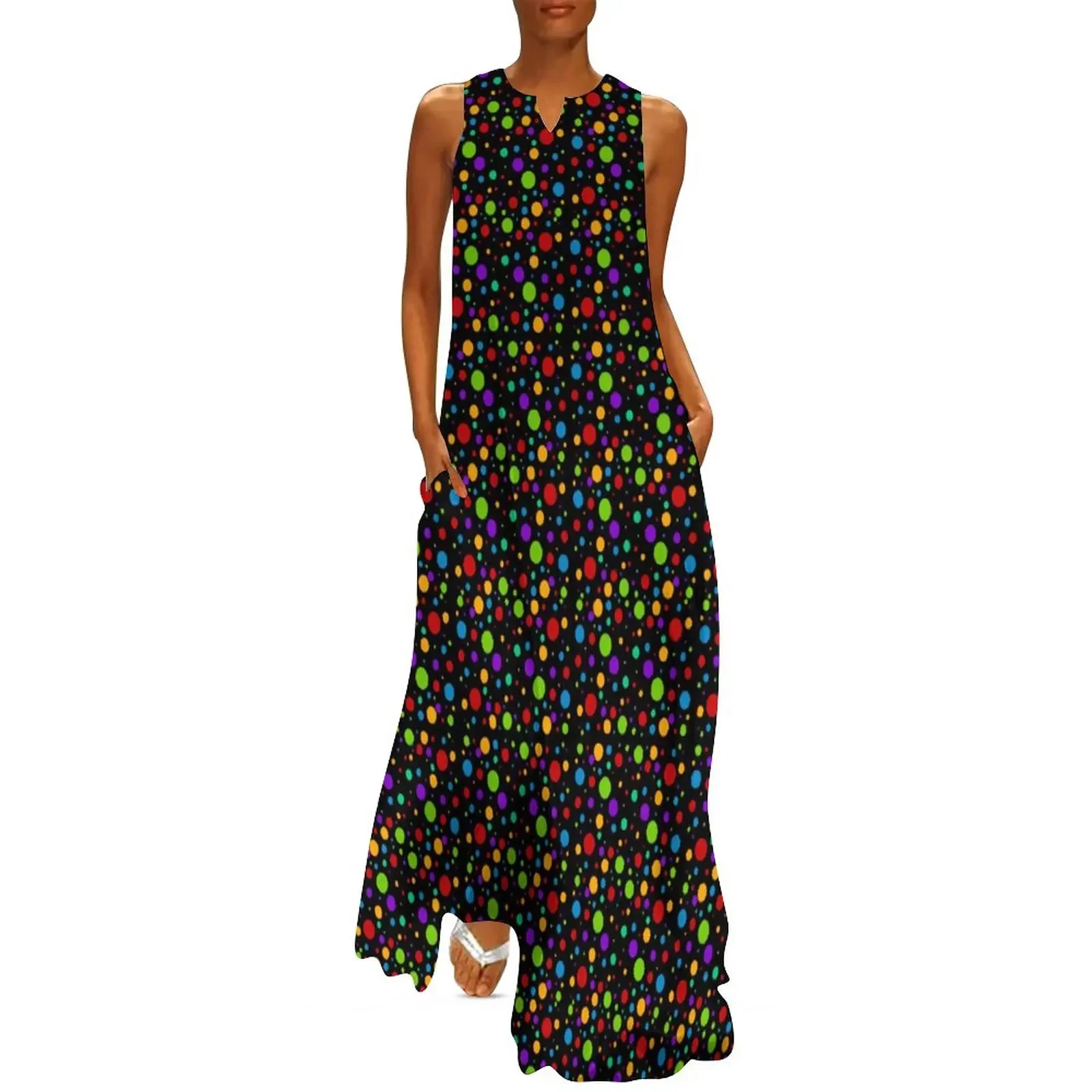 Polka Dot Rainbow Retro Print Maxi Dress For Womens Fashion Bohemia Long Dress Female V-Neck Sexy Sleeveless Spring Summer Dress