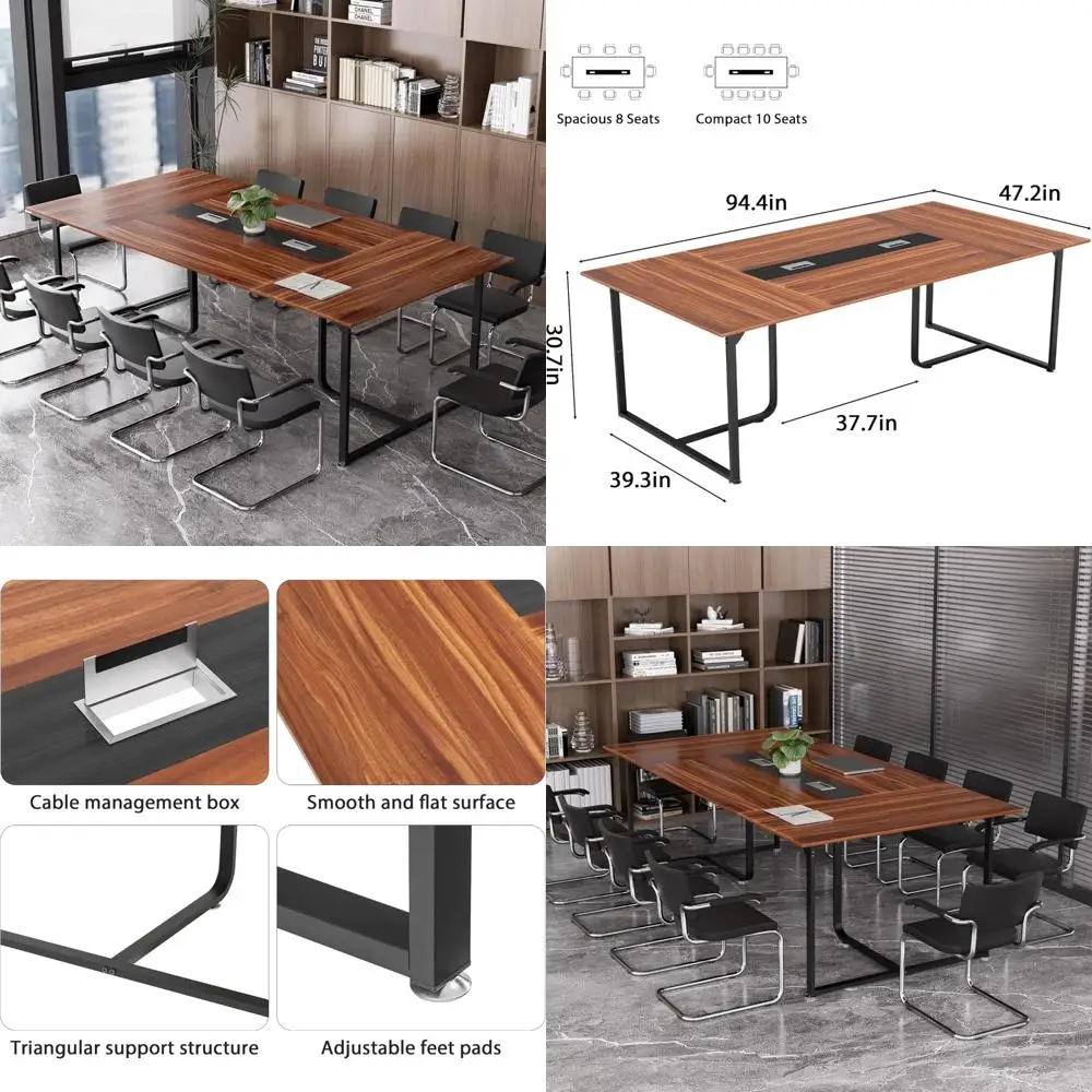 8ft conference table,conference room table with grommet,stable structure,adjustable foot pads,large seminar table for office mee