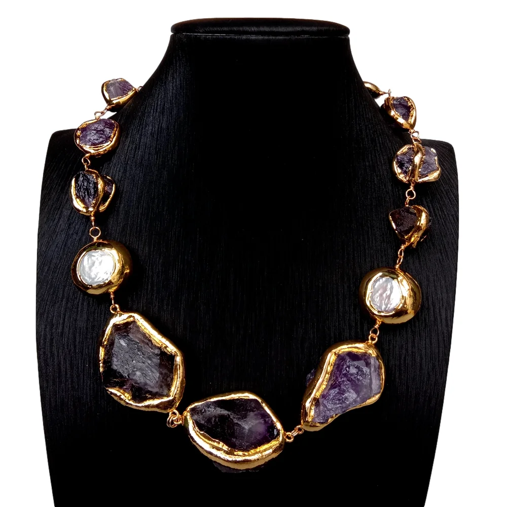 

Y·YING Natural Purple Stone Amethyst Rough Raw White Pearl Handmade Necklace