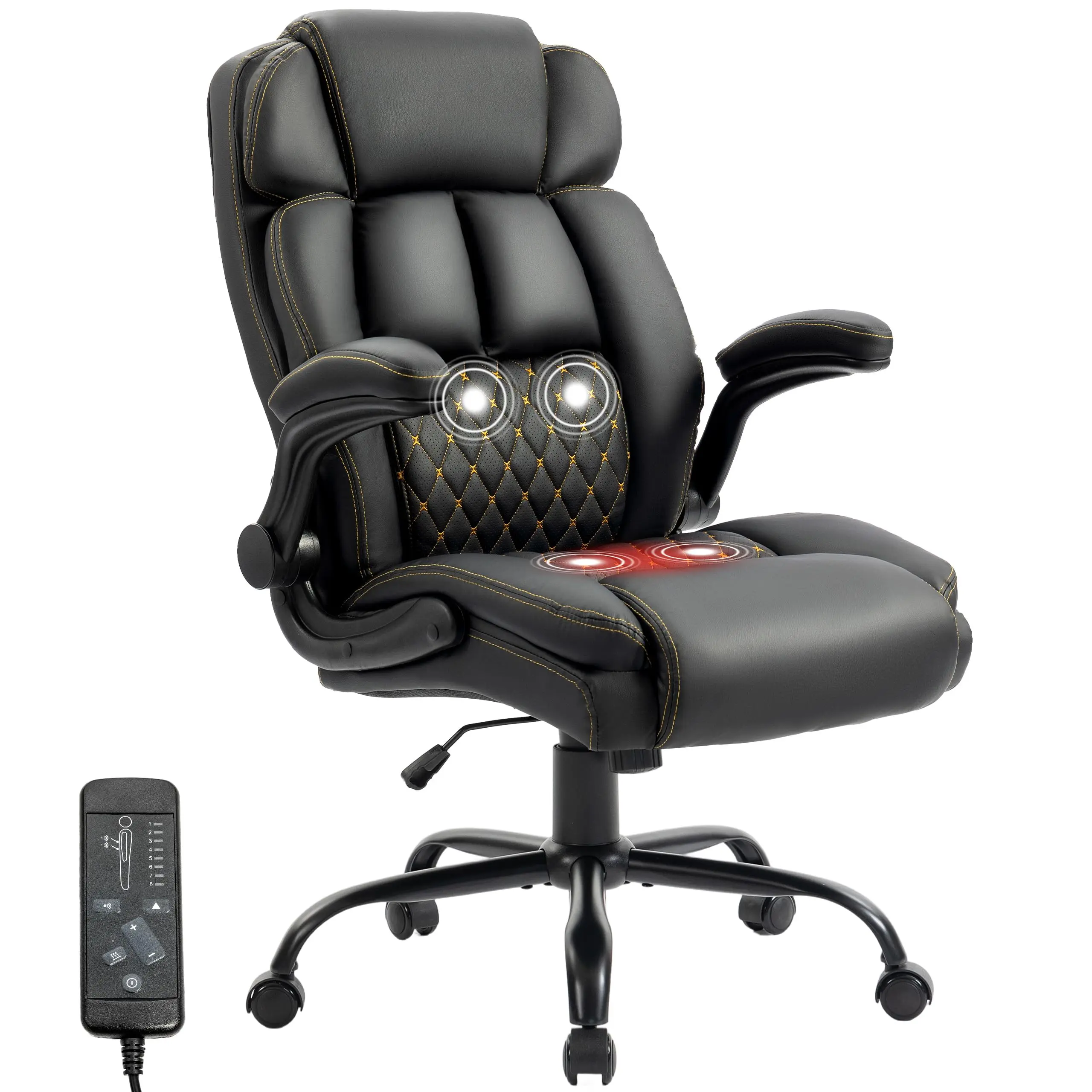 Massage Office Chair,500LBS Ergonomic Rocking Executive Desk Chairs with 4 Points Vibration&Heat,Padded Flipup Armrests