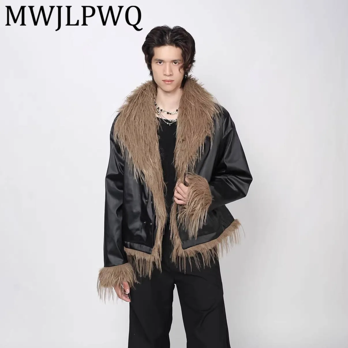 

MWJLPWQ High-End Fur Collar One-Piece Leather Oversized Cotton Coat Men‘s High Street Winter American Style Trendy Tops 21845