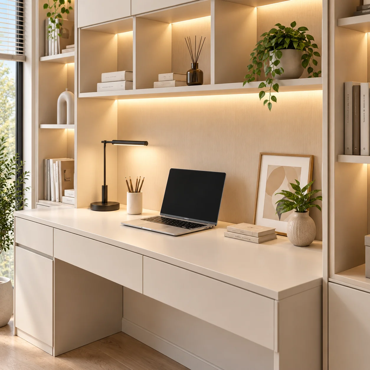 js-Custom Wood Bookcase Integrated Study Desk LED Storage Cabinet Space-Saving Living Room Furniture for Home Office Bedroom
