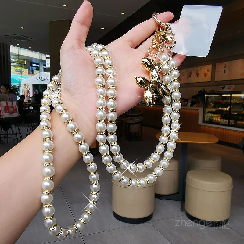 Mobile Phone Lanyard Long Crossbody Balloon Dog Pearl Clip Diamond Lanyard Long Neck Chain Women's Universal Bag Chain Lanyard