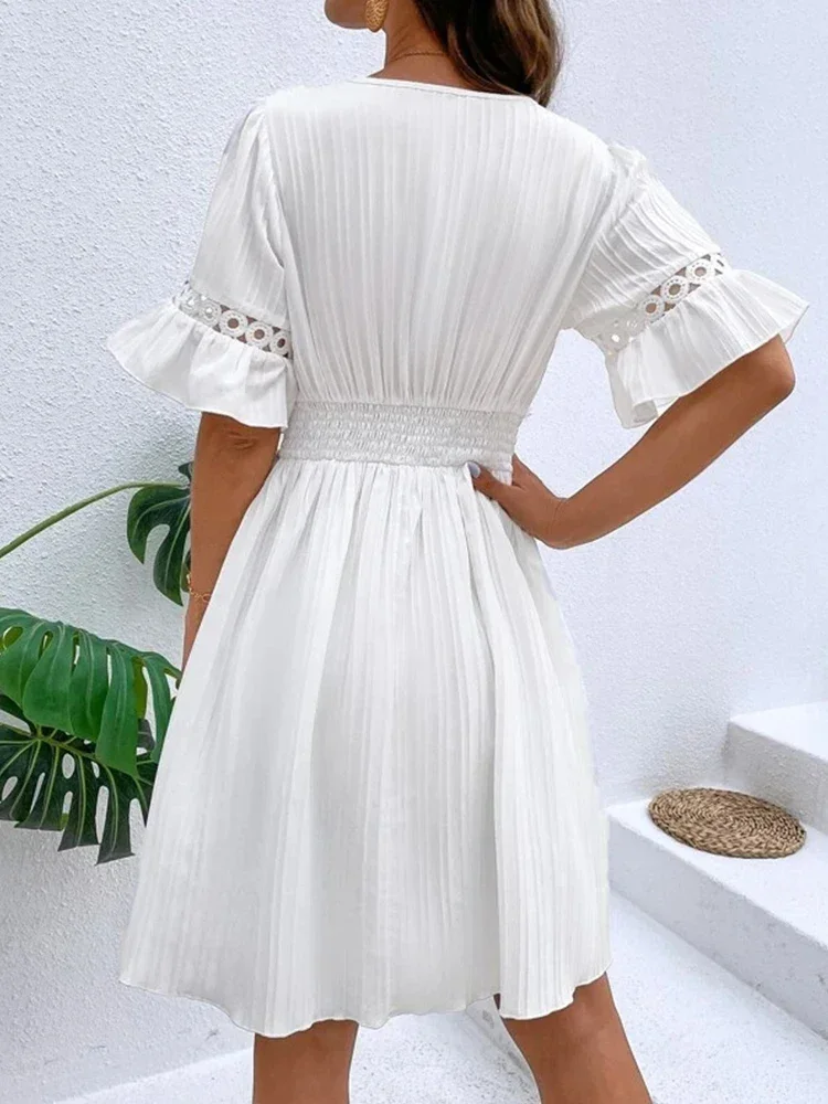 2024 Summer New Women Fashion Elegant Casual V-neck Dresses Woven Hollow Texture Solid Color Simple Female Waist Dress