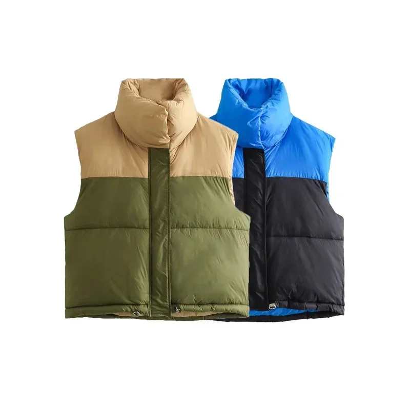 

Patchwork Women Cotton Vests Coats Female Stand Collar Front Zipper Sleeveless Warm Quilted Vest Ladies Waistcoat Top