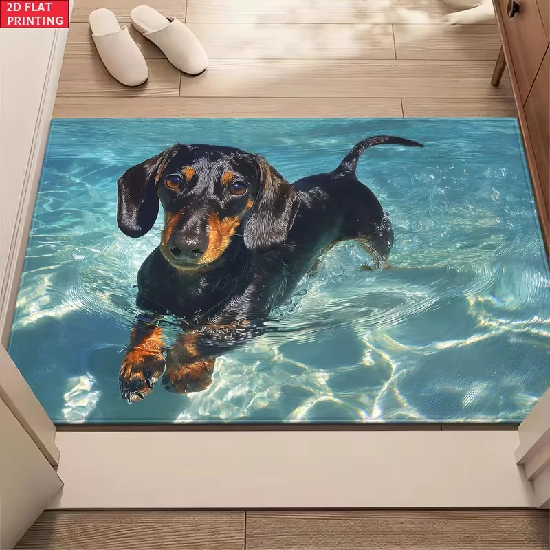 3D Effect Dachshund Swimming Welcome Doormat Clear Pool Water Floor Rug Indoor Outdoor Entrance Carpet for Living Room Decor