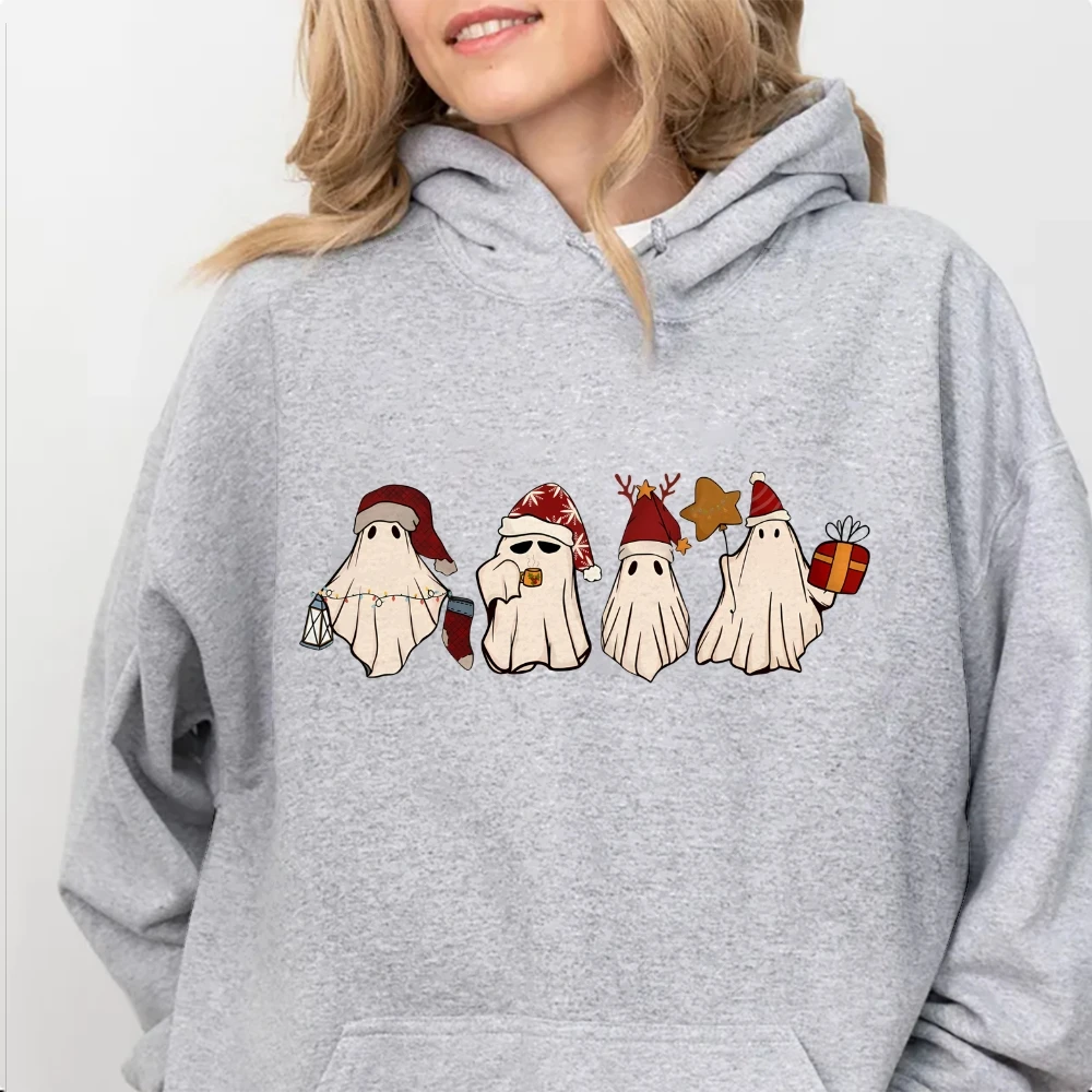 Retro Ghost Santa Hoodies Sweatshirt, Christmas Santa Hat Ghosts Sweatshirt, Cute Hoodie Christmas Vibe Unisex Sweater Gift