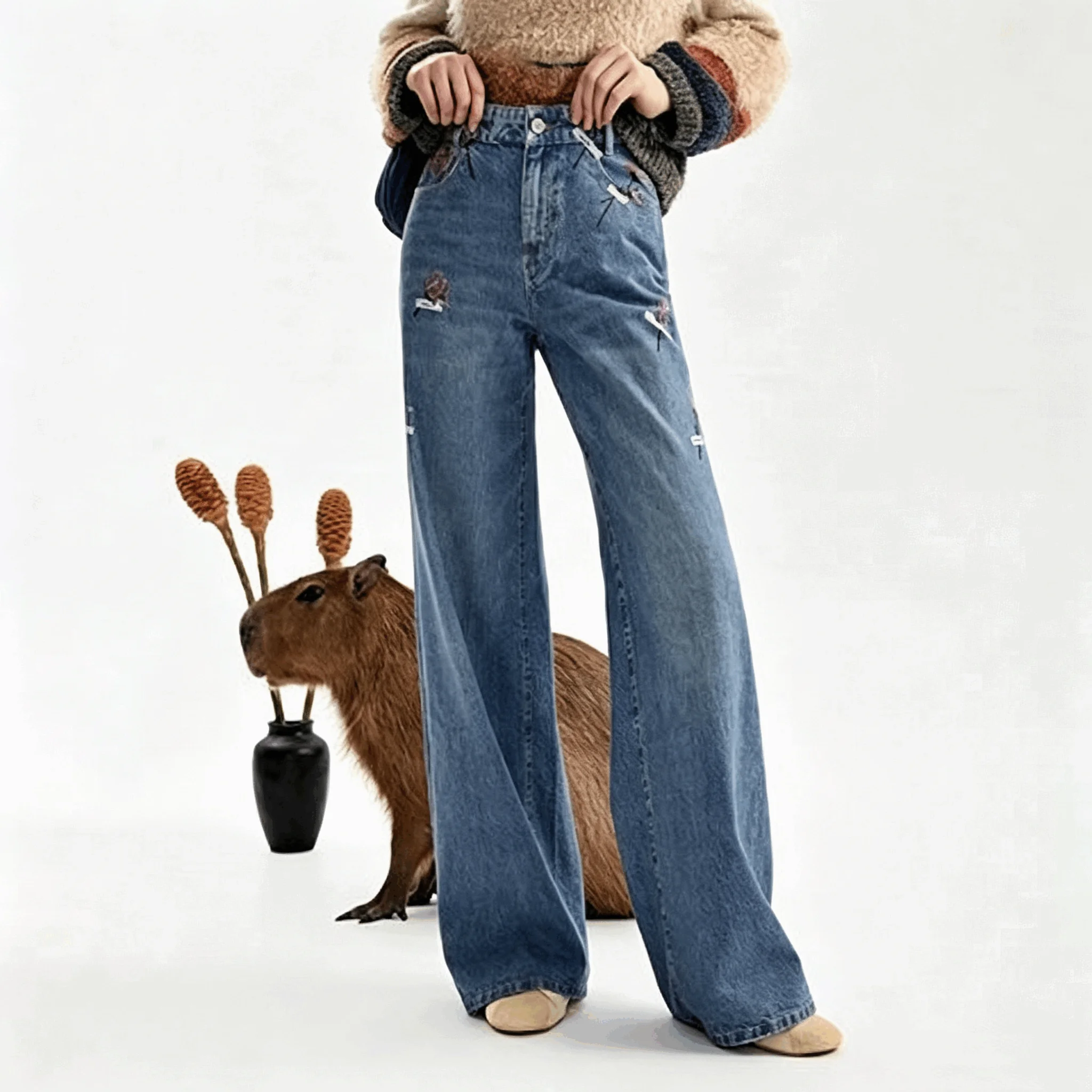 Foreign Trade Original Order 2026 Spain Autumn/Winter New Product Flower Embroidery High Waist Women's Jeans