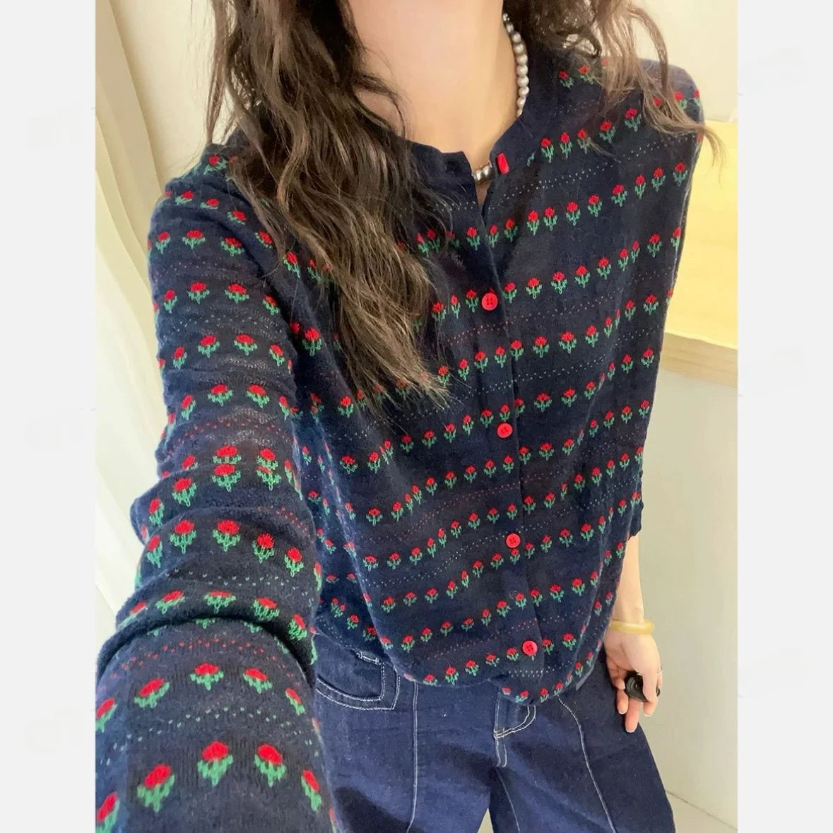 

Autumn Season French Style Floral Design Casual Sleeveless Sweater Fashionable Retro Knitted Cardigan Women's Slimming Top
