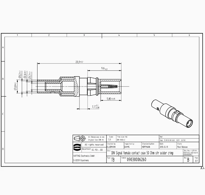 Коаксиальный штырь 09030006260 HARTING A, прямой гнездовой штырь для мужского соединения