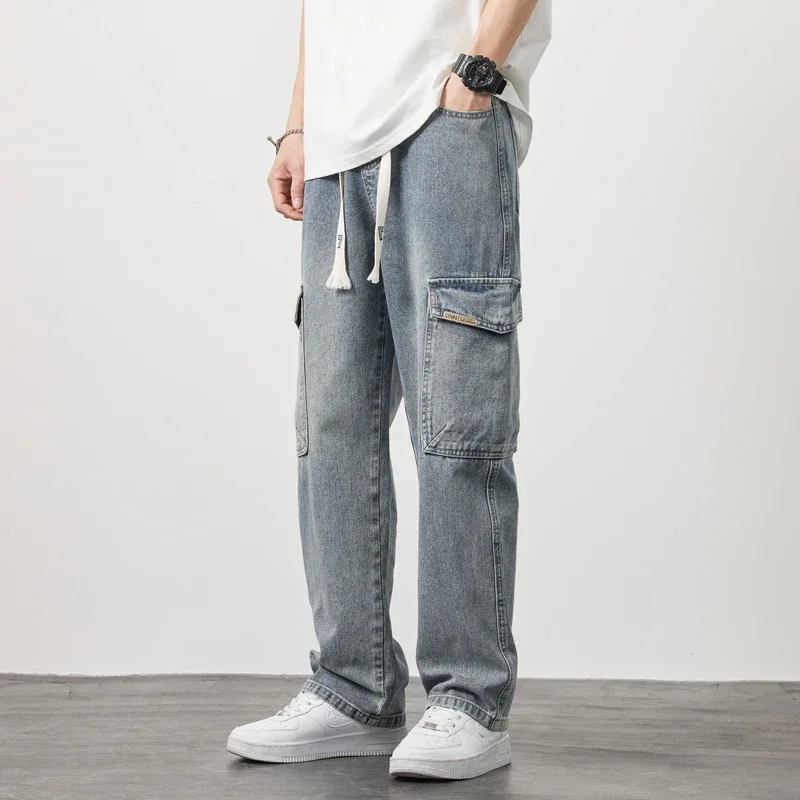 Pantaloni Cargo da uomo elastico in vita Jeans dritti pantaloni Casual pantaloni sportivi da uomo abbigliamento maschile pantaloni Vintage larghi in