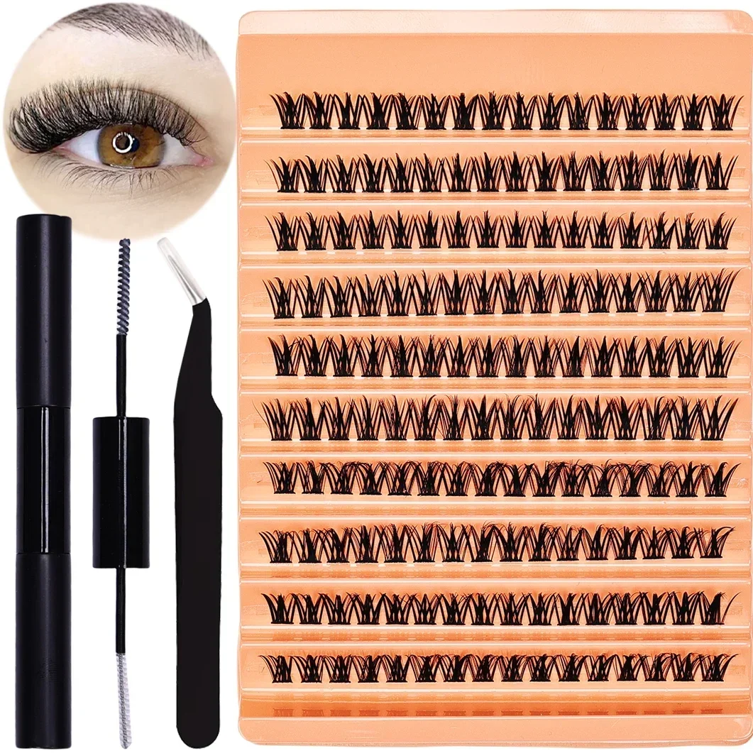 Eyelashes Extension Kit: 160pcs Clusters for DIY Lash Extensions; With Eyelash Adhesive and Sealant Eyelash Tweezers