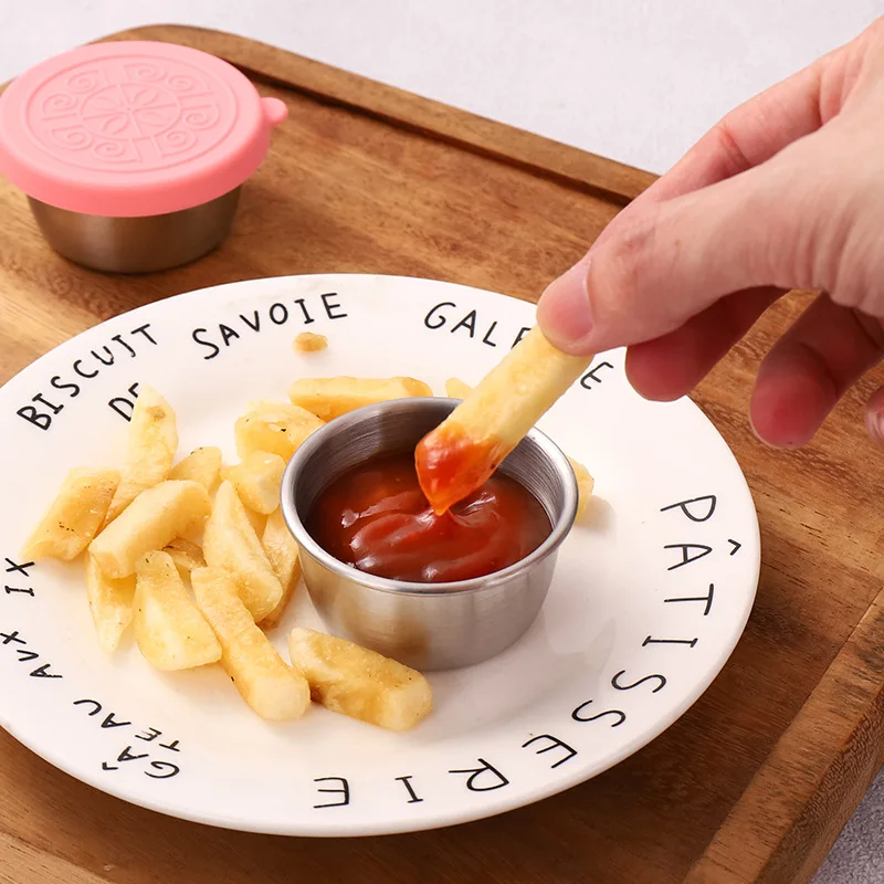 Imagen 4: Tazas para salsa de inmersión de acero inoxidable, platos para condimentos con tapas de silicona a prueba de fugas, contenedor de comida reutilizable para aderezo de ensalada, 1/4 Uds.