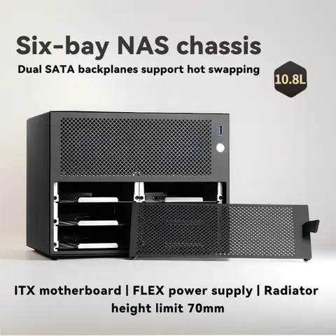 6베이 NAS 섀시는 ITX 마더보드, FLEX 소형 1U 전원 공급 장치, 라디에이터 높이 제한 70mm, DIY 데스크탑 스토리지 서버를 지원합니다.