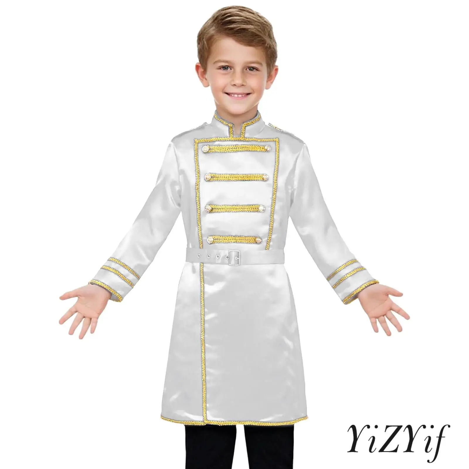 

Royal Drummer Prince Jacket for Boys with Gold Braided Trim And Adjustable Waist Belt Marching Band Uniform Halloween Costume