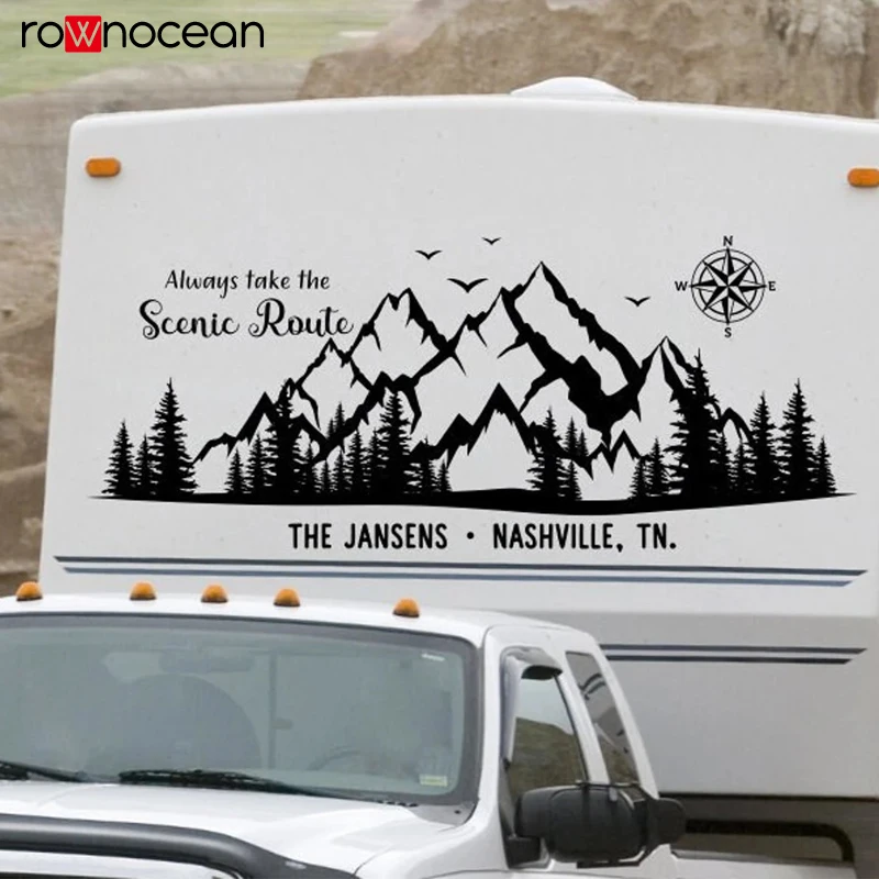 Always take the scenic route Mountain RV camper decal with compass and personalized with last name and city, state E976