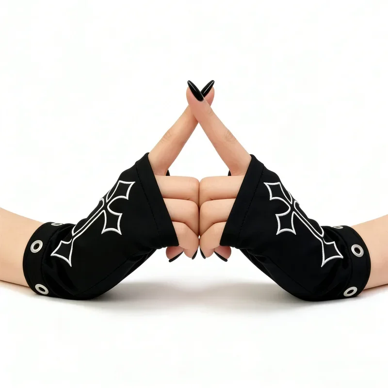 Punk Style Half Finger Gloves with Cross Subculture Girl Arm Sleeves Harajuku Dark Gothic
