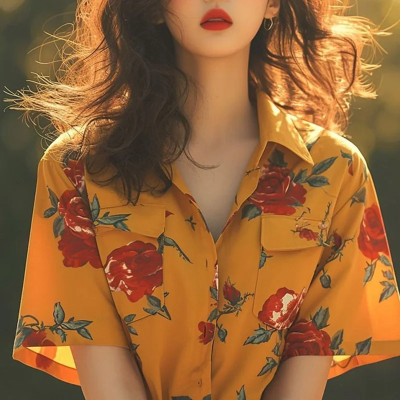 Summer 2024 New Sweet Floral Turn-down Collar Blouse Femme Fashion Loose Printing Buttons Short Sleeve Women\'s Shirt Trend Tops