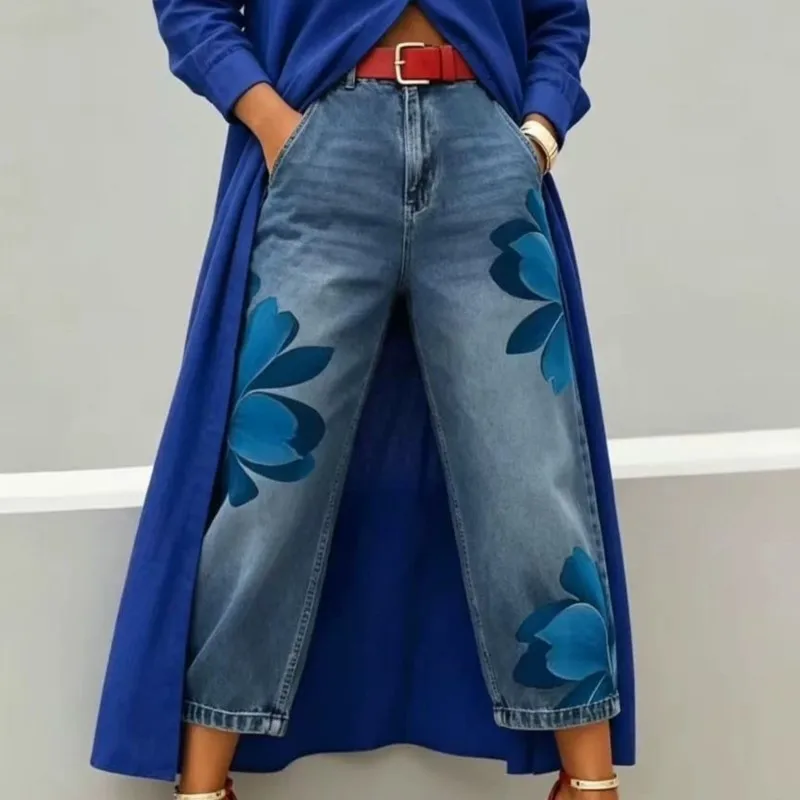 Women's Floral Print High Waist Jeans Office Lady Loose Fit Cropped Wide Leg Denim Long Pants Casual Streetwear Trendy Trousers