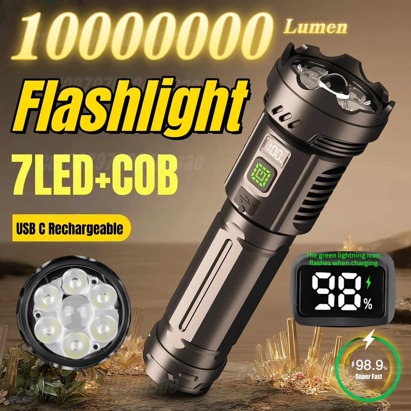 

Тактический фонарь 7LED+COB, 10 000 000 люмен, сверхъяркий, с USB-C зарядкой, для кемпинга, активного отдыха, экстренных ситуаций