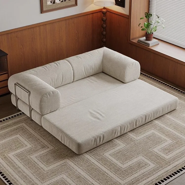 Medieval fabric sofa module small apartment living room double triple straight row retro folding dual-purpose pudding sofa bed