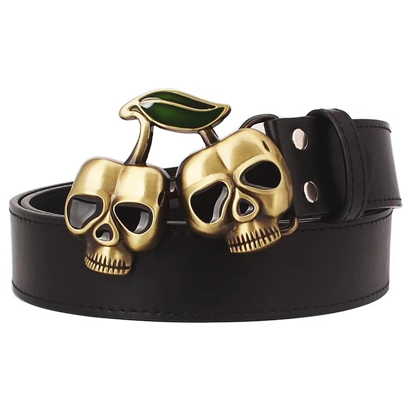 Double Skull Head Brass Metal Buckle Fashion Leather Belt Skeleton Street Hip Hop Style Accessories