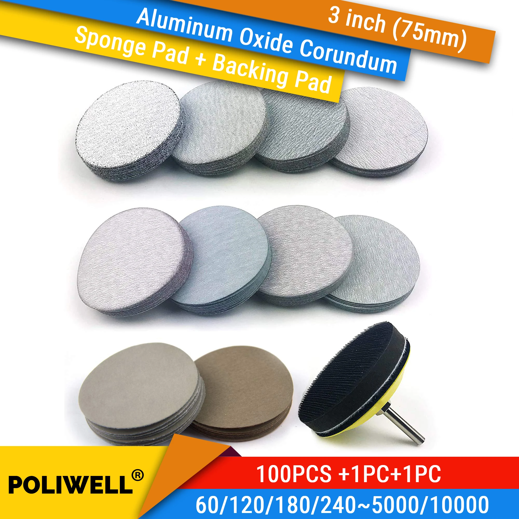 

100PCS 3 Inch Sanding Discs Grits Assorted Hook & Loop Wet Dry Grinding Abrasive 3” Sandpaper +Backing Pad, Soft Buffering Pad