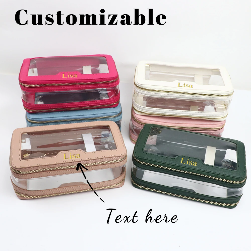 

Индивидуальное имя из искусственной кожи + прозрачная сумка для туалетных принадлежностей из ТПУ, дорожная портативная косметичка, водонепроницаемая сумка для хранения большой вместимости