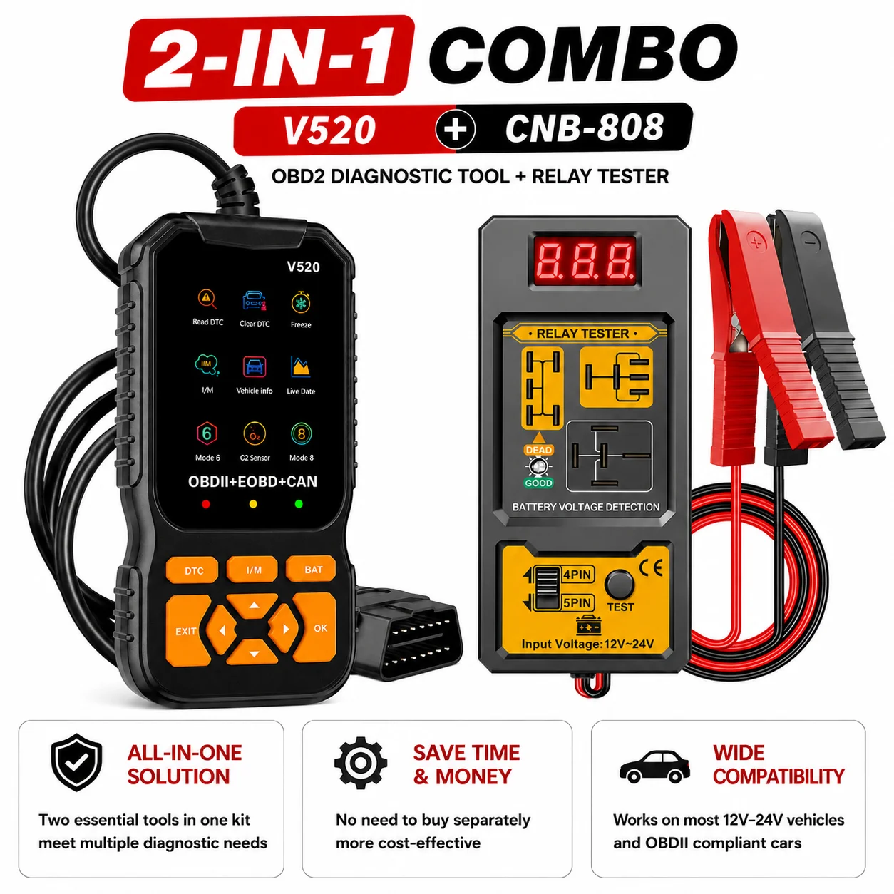 V520 OBD2 Car Diagnostic Scanner and CNB-808 Relay Test Tool Combo, Engine Code Reader Eraser with 8 Languages, 12V-24V Automoti